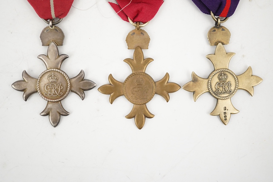 Three George V Orders; a 1st type military OBE, a 2nd type civil OBE and a 2nd type military MBE. Condition - fair to good.